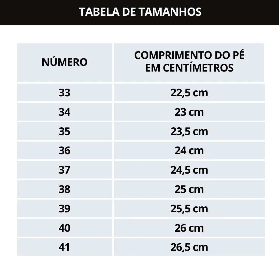 Tabela de tamanhos do Tênis Ortopédico ConfortFlex