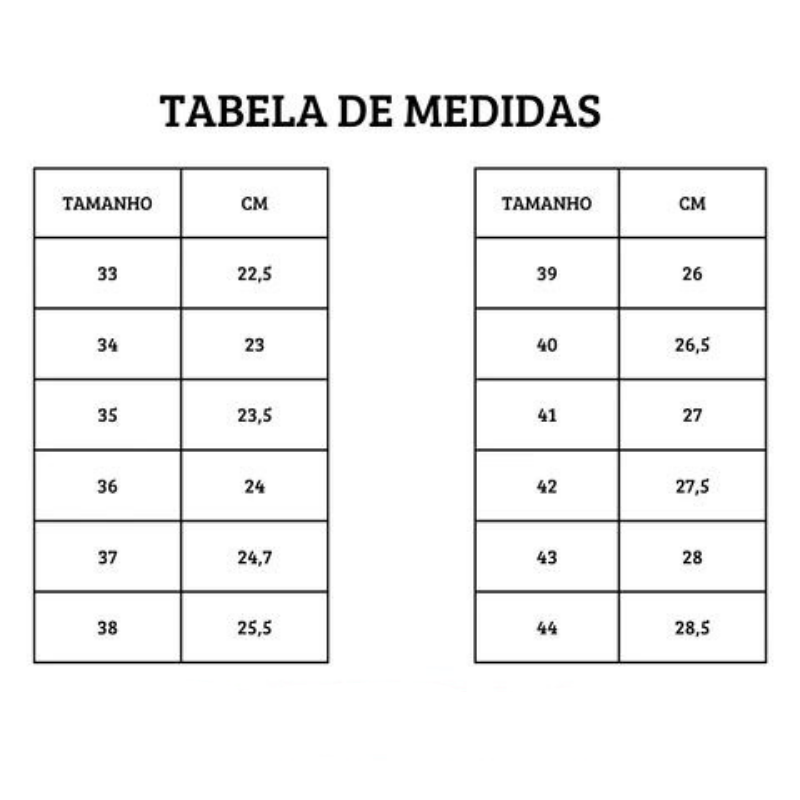 Tabela de medidas do tênis ortopédico