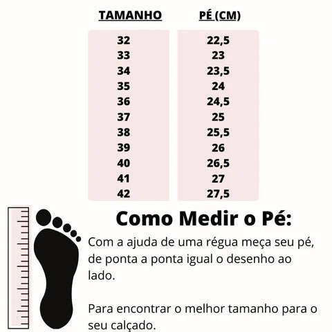 Tabela de medidas do Tênis ortopédico