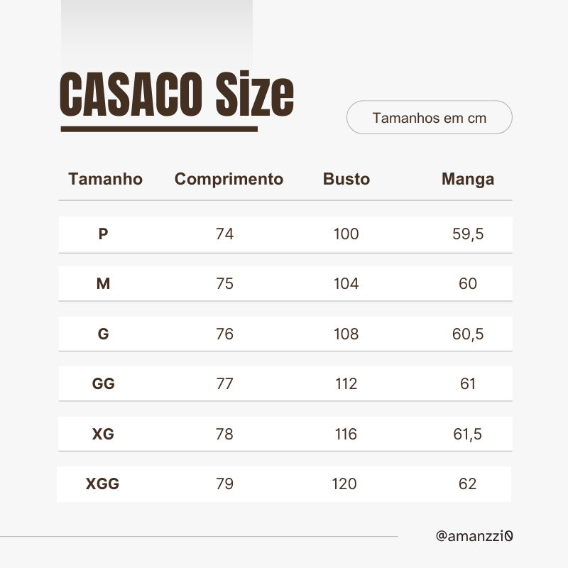 Tabela de medidas do casaco 